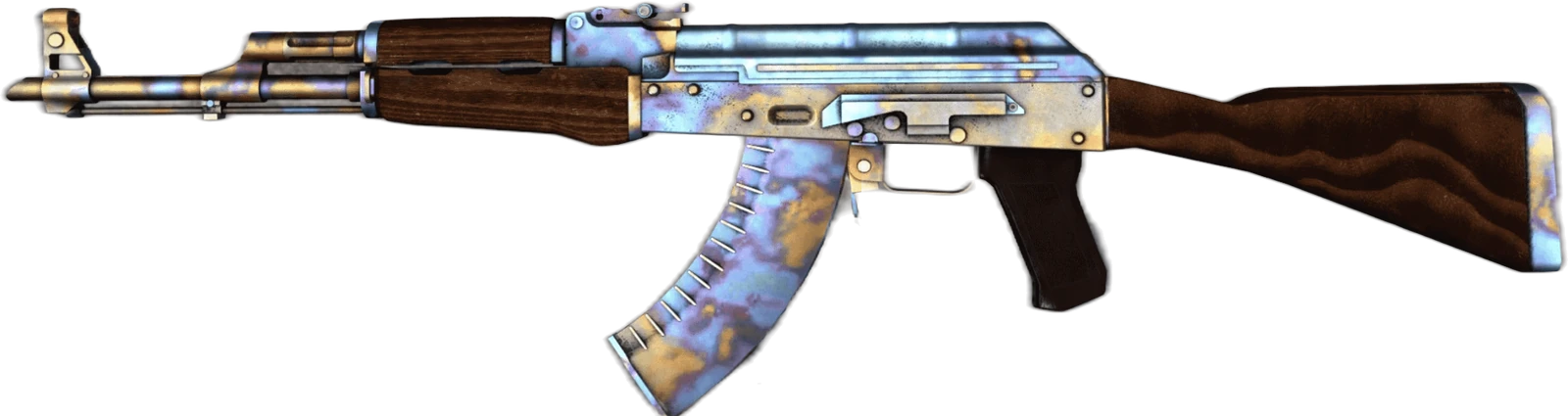 AK-47 Case Hardened CS2 skin render showing blue and gold heat tint